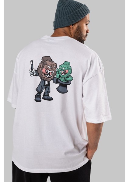 Gorilla Magician Arka Baskılı Beyaz Oversize T-Shirt Erkek Kadın Bisiklet Yaka fiyatları