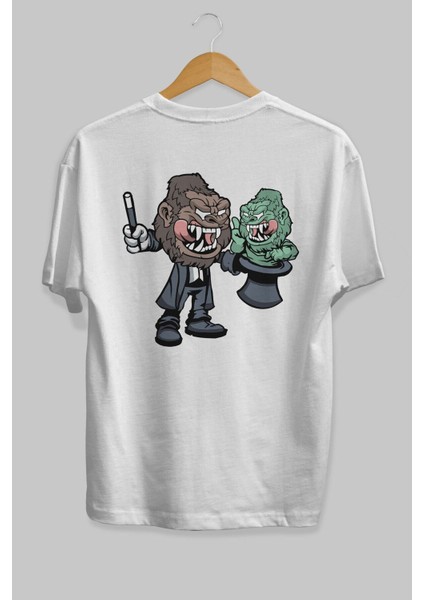 Gorilla Magician Arka Baskılı Beyaz Oversize T-Shirt Erkek Kadın Bisiklet Yaka fırsatları