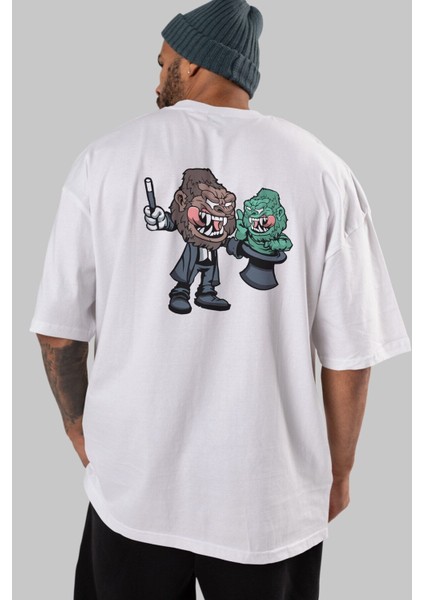 Gorilla Magician Arka Baskılı Beyaz Oversize T-Shirt Erkek Kadın Bisiklet Yaka indirimleri