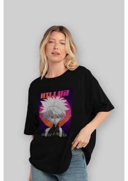 Killua Zoldyck 12 1 Anime Ön Baskılı Siyah Oversize T-Shirt Erkek Kadın fırsatları
