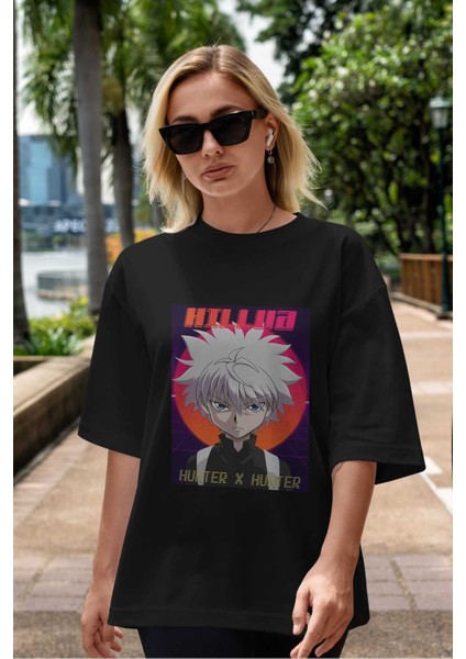 Killua Zoldyck 12 1 Anime Ön Baskılı Siyah Oversize T-Shirt Erkek Kadın indirimleri