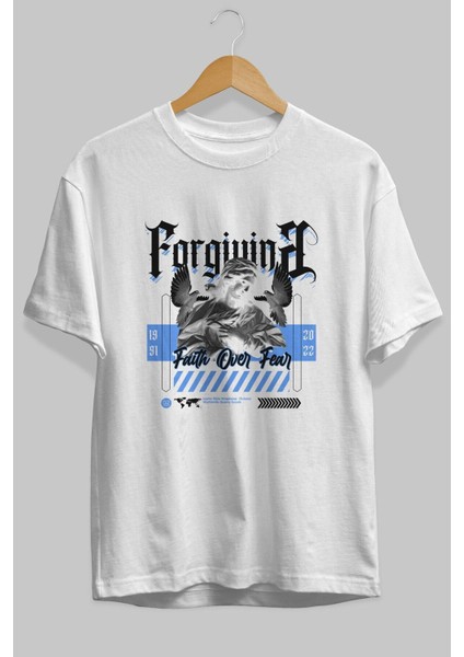 Faith Over Fear Ön Baskılı Beyaz Oversize T-Shirt Erkek Kadın Bisiklet Yaka