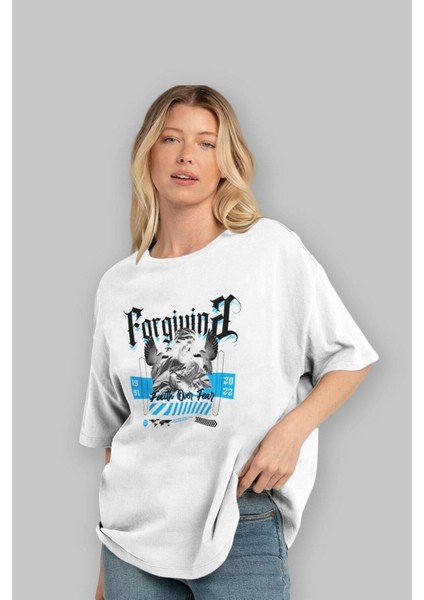 Faith Over Fear Ön Baskılı Beyaz Oversize T-Shirt Erkek Kadın Bisiklet Yaka fiyatları