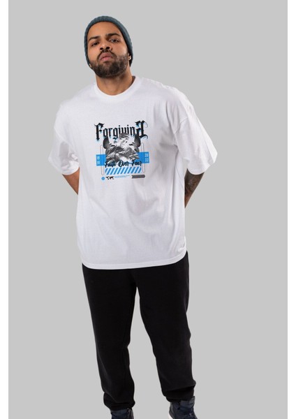 Faith Over Fear Ön Baskılı Beyaz Oversize T-Shirt Erkek Kadın Bisiklet Yaka modelleri