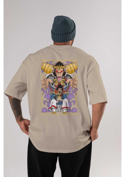 Dragonball Reyvegeta Anime Arka Baskılı Bej Oversize T-Shirt %100 Pamuk Erkek Kadın