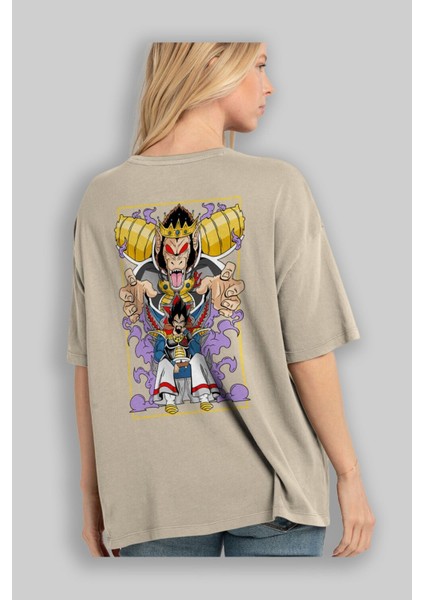 Dragonball Reyvegeta Anime Arka Baskılı Bej Oversize T-Shirt %100 Pamuk Erkek Kadın modelleri