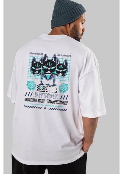Kitsune Japanese Mask Arka Baskılı Beyaz Oversize T-Shirt Erkek Kadın Bisiklet Yaka