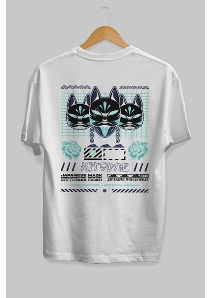Kitsune Japanese Mask Arka Baskılı Beyaz Oversize T-Shirt Erkek Kadın Bisiklet Yaka fiyatları