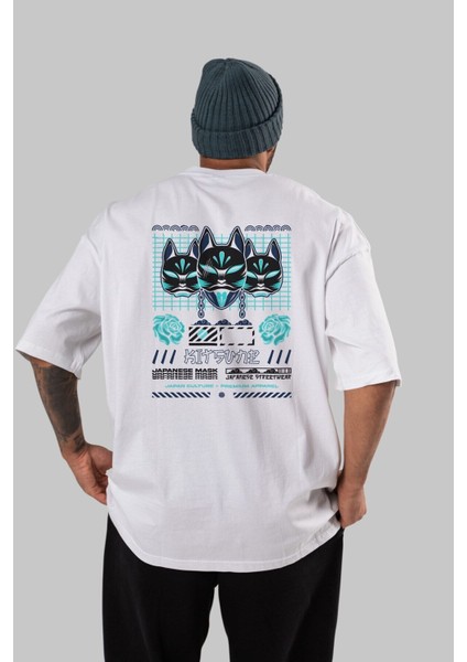 Kitsune Japanese Mask Arka Baskılı Beyaz Oversize T-Shirt Erkek Kadın Bisiklet Yaka modelleri