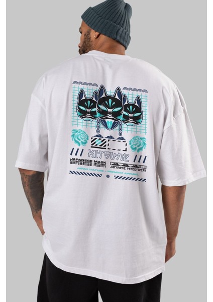 Kitsune Japanese Mask Arka Baskılı Beyaz Oversize T-Shirt Erkek Kadın Bisiklet Yaka fırsatları
