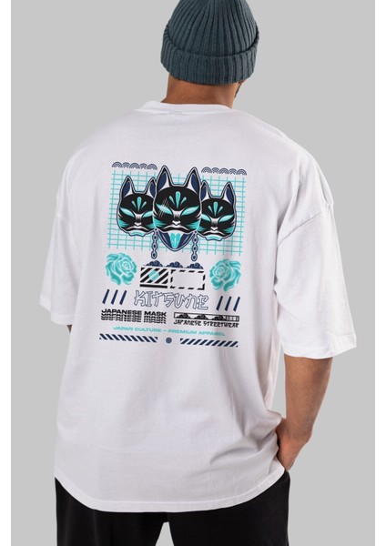 Kitsune Japanese Mask Arka Baskılı Beyaz Oversize T-Shirt Erkek Kadın Bisiklet Yaka indirimleri