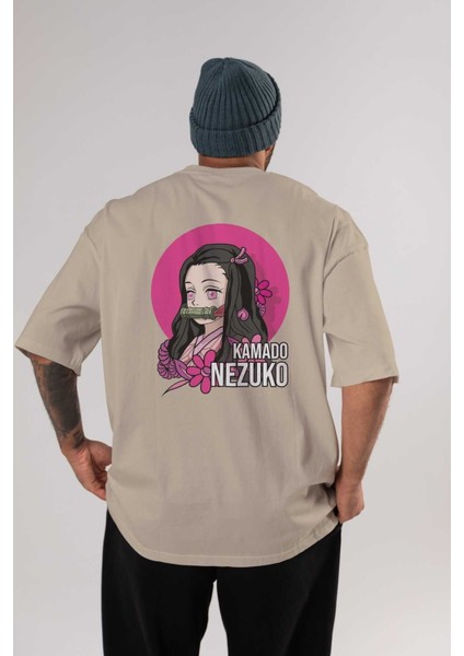 Nezuko Kamado 2 Anime Arka Baskılı Bej Oversize T-Shirt %100 Pamuk Erkek Kadın