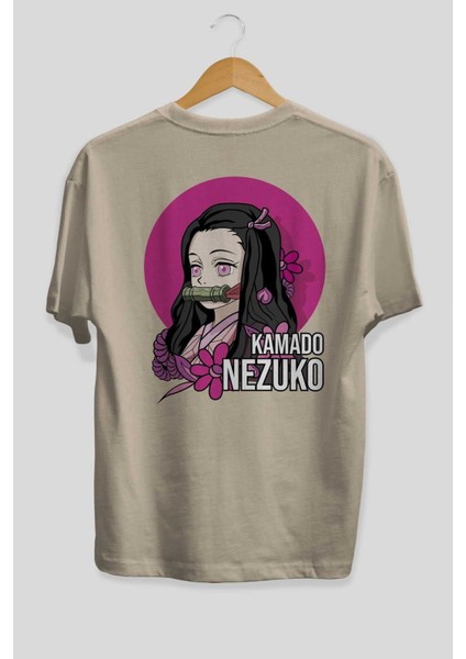 Nezuko Kamado 2 Anime Arka Baskılı Bej Oversize T-Shirt %100 Pamuk Erkek Kadın fiyatları