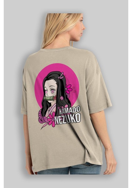 Nezuko Kamado 2 Anime Arka Baskılı Bej Oversize T-Shirt %100 Pamuk Erkek Kadın modelleri