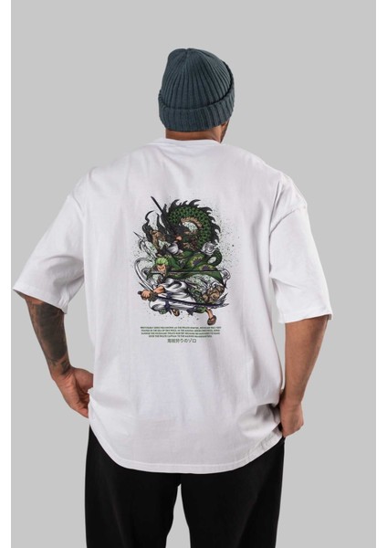 Zoro Anime Arka Baskılı Beyaz Oversize T-Shirt Pamuk Erkek Kadın