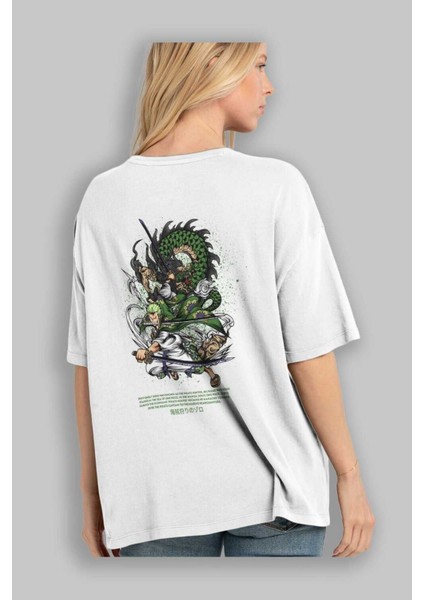 Zoro Anime Arka Baskılı Beyaz Oversize T-Shirt Pamuk Erkek Kadın modelleri