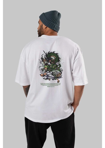 Zoro Anime Arka Baskılı Beyaz Oversize T-Shirt Pamuk Erkek Kadın fırsatları