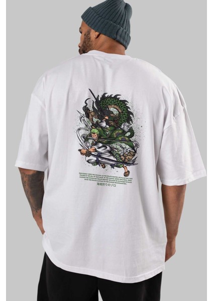 Zoro Anime Arka Baskılı Beyaz Oversize T-Shirt Pamuk Erkek Kadın indirimleri