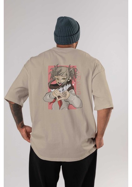 Himiko Toga Anime Arka Baskılı Bej Oversize T-Shirt %100 Pamuk Erkek Kadın
