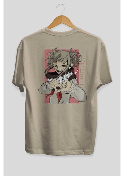 Himiko Toga Anime Arka Baskılı Bej Oversize T-Shirt %100 Pamuk Erkek Kadın fiyatları