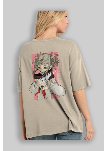 Himiko Toga Anime Arka Baskılı Bej Oversize T-Shirt %100 Pamuk Erkek Kadın modelleri