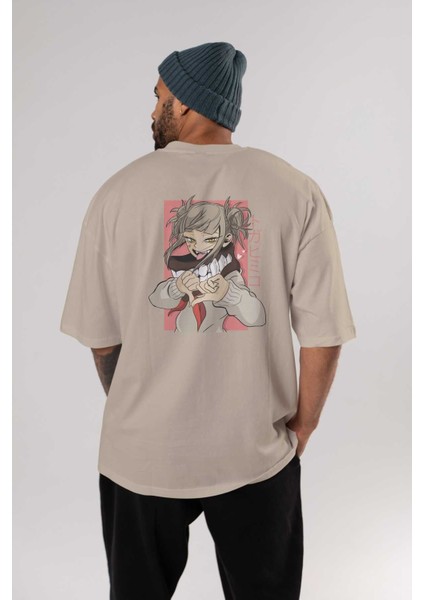 Himiko Toga Anime Arka Baskılı Bej Oversize T-Shirt %100 Pamuk Erkek Kadın fırsatları