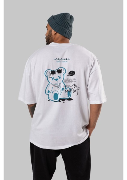 Feel So Good Bear Arka Baskılı Beyaz Oversize T-Shirt Erkek Kadın Bisiklet Yaka modelleri
