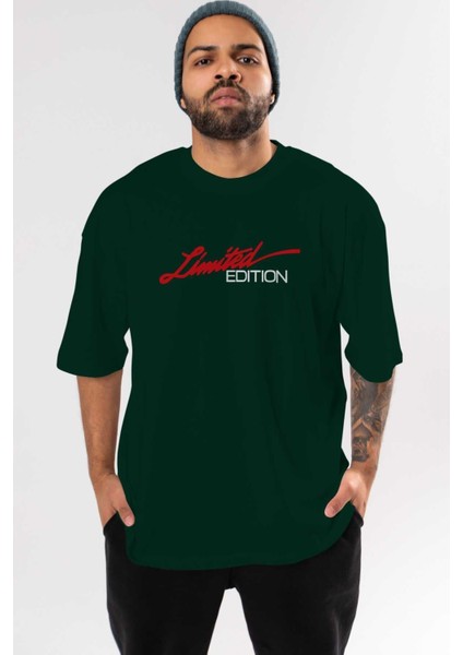 Limited Edition Ön Baskılı Zümrüt Yeşili Oversize T-Shirt Erkek Kadın Bisiklet Yaka