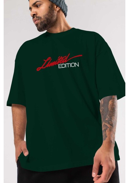Limited Edition Ön Baskılı Zümrüt Yeşili Oversize T-Shirt Erkek Kadın Bisiklet Yaka modelleri