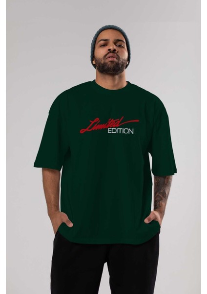 Limited Edition Ön Baskılı Zümrüt Yeşili Oversize T-Shirt Erkek Kadın Bisiklet Yaka indirimleri