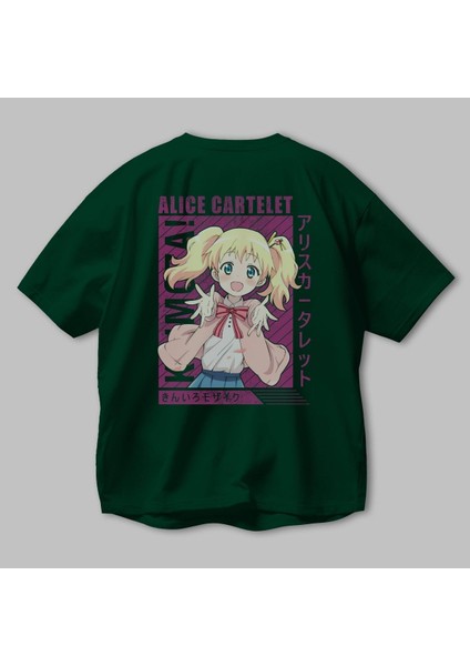 Alice Cartelet 12 Anime Arka Baskılı Zümrüt Yeşili Oversize T-Shirt Pamuk Erkek Kadın modelleri