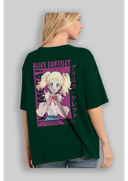 Alice Cartelet 12 Anime Arka Baskılı Zümrüt Yeşili Oversize T-Shirt Pamuk Erkek Kadın fırsatları