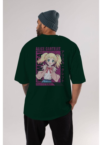 Alice Cartelet 12 Anime Arka Baskılı Zümrüt Yeşili Oversize T-Shirt Pamuk Erkek Kadın indirimleri