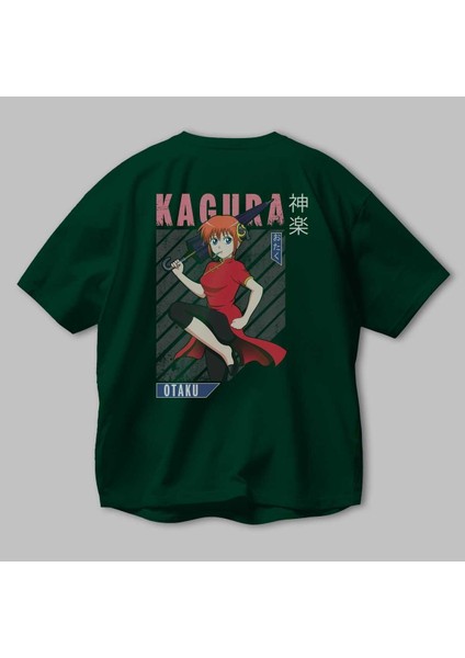 Kagura Gıntama 1 Anime Arka Baskılı Zümrüt Yeşili Oversize T-Shirt Pamuk Erkek Kadın modelleri