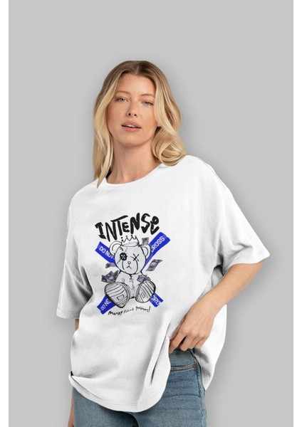 Teddy Bear Intense Ön Baskılı Beyaz Oversize T-Shirt Erkek Kadın Bisiklet Yaka fiyatları