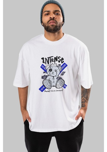 Teddy Bear Intense Ön Baskılı Beyaz Oversize T-Shirt Erkek Kadın Bisiklet Yaka modelleri
