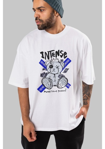 Teddy Bear Intense Ön Baskılı Beyaz Oversize T-Shirt Erkek Kadın Bisiklet Yaka fırsatları