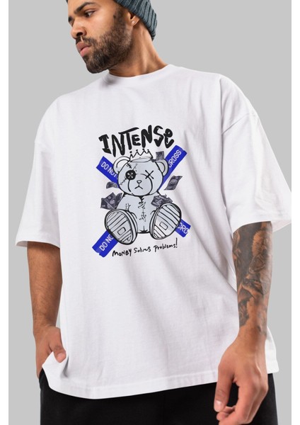 Teddy Bear Intense Ön Baskılı Beyaz Oversize T-Shirt Erkek Kadın Bisiklet Yaka indirimleri