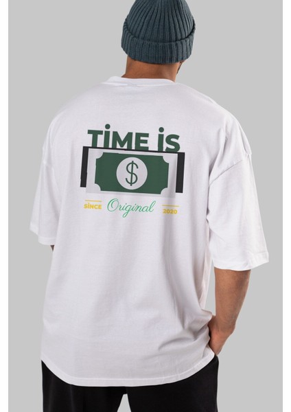 Time Is Original Arka Baskılı Beyaz Oversize T-Shirt Erkek Kadın Bisiklet Yaka