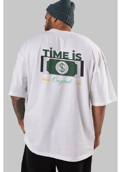 Time Is Original Arka Baskılı Beyaz Oversize T-Shirt Erkek Kadın Bisiklet Yaka fiyatları
