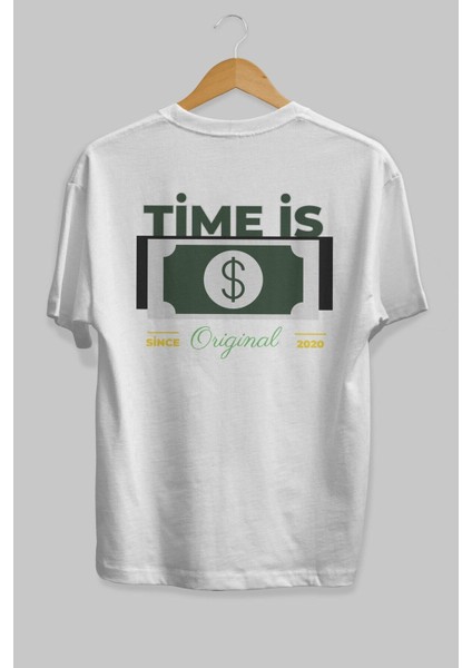 Time Is Original Arka Baskılı Beyaz Oversize T-Shirt Erkek Kadın Bisiklet Yaka modelleri