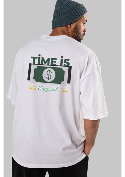 Time Is Original Arka Baskılı Beyaz Oversize T-Shirt Erkek Kadın Bisiklet Yaka fırsatları