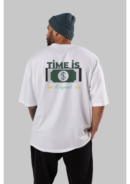 Time Is Original Arka Baskılı Beyaz Oversize T-Shirt Erkek Kadın Bisiklet Yaka indirimleri