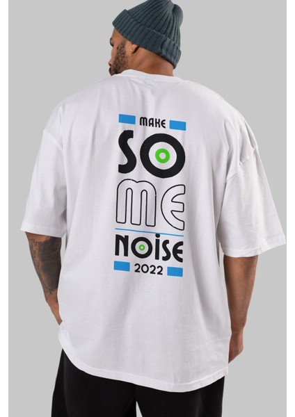 Make Some Noise Yazılı Arka Baskılı Beyaz Oversize T-Shirt Erkek Kadın Bisiklet Yaka