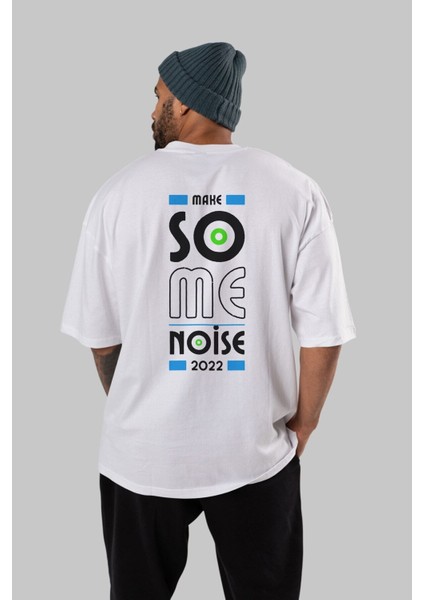 Make Some Noise Yazılı Arka Baskılı Beyaz Oversize T-Shirt Erkek Kadın Bisiklet Yaka modelleri