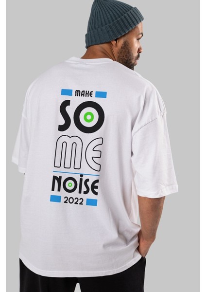 Make Some Noise Yazılı Arka Baskılı Beyaz Oversize T-Shirt Erkek Kadın Bisiklet Yaka fırsatları