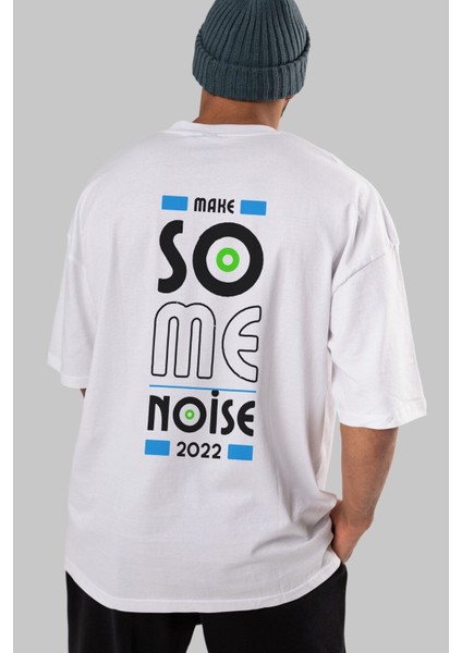 Make Some Noise Yazılı Arka Baskılı Beyaz Oversize T-Shirt Erkek Kadın Bisiklet Yaka indirimleri