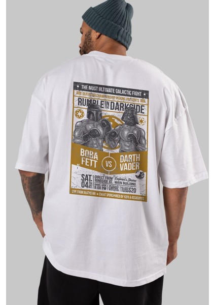 Rumble In The Darkside Arka Baskılı Beyaz Oversize T-Shirt Erkek Kadın Bisiklet Yaka