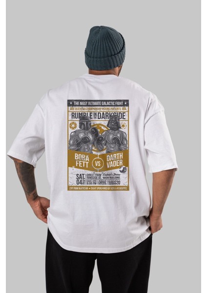 Rumble In The Darkside Arka Baskılı Beyaz Oversize T-Shirt Erkek Kadın Bisiklet Yaka modelleri