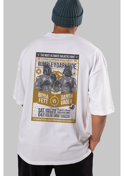 Rumble In The Darkside Arka Baskılı Beyaz Oversize T-Shirt Erkek Kadın Bisiklet Yaka indirimleri